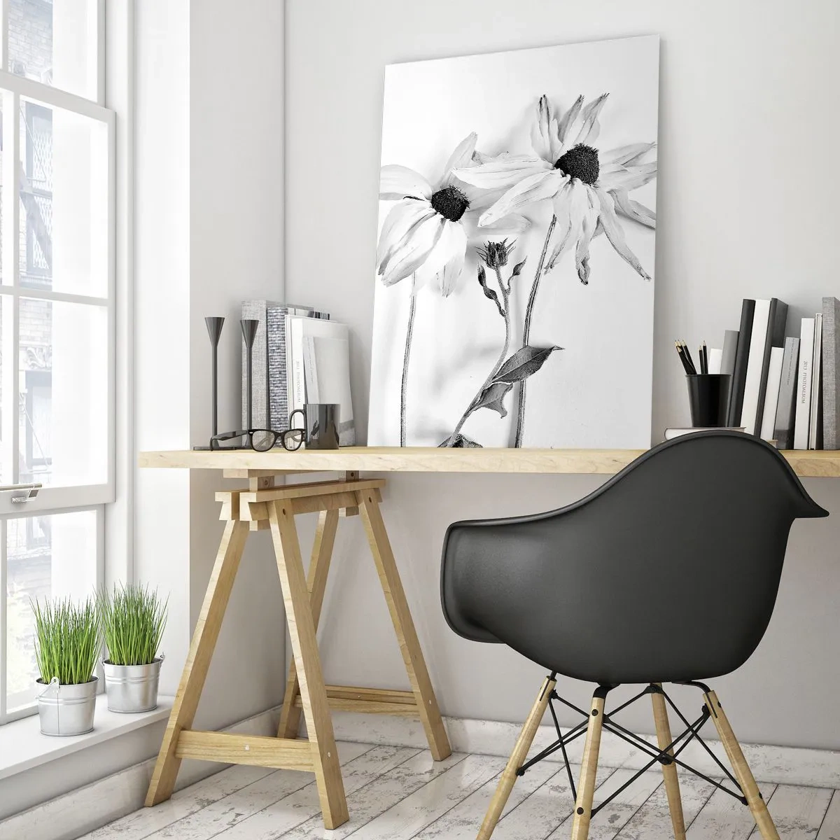Impression sur verre - Image sur verre - Fleurs noires et blanches avec une composition subtile - 70x100cm - Personne ne souhaite être seul - Décoration murale moderne pour le salon et la chambre ARTTOR