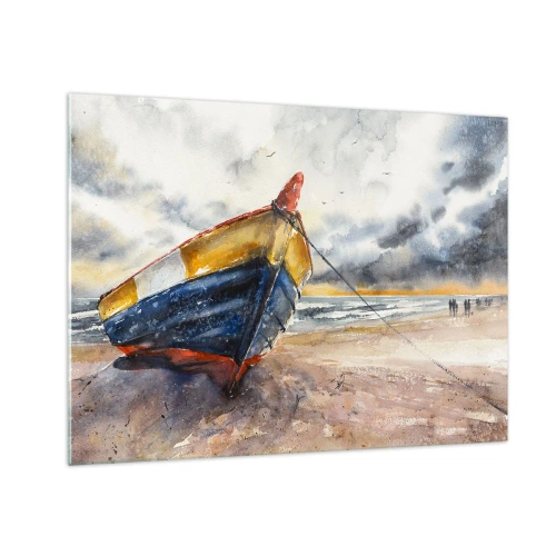 Impression sur verre - Image sur verre - Un bateau coloré sur la plage par temps nuageux - 70x50cm - Repos sur le rivage - Décoration murale moderne pour le salon et la chambre ARTTOR