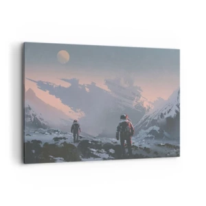 Impression sur toile - Image sur toile - Des astronautes sur une planète extraterrestre avec une épave de vaisseau spatial - 120x80cm - Sous une étoile inconnue - Décoration murale moderne pour le salon et la chambre ARTTOR