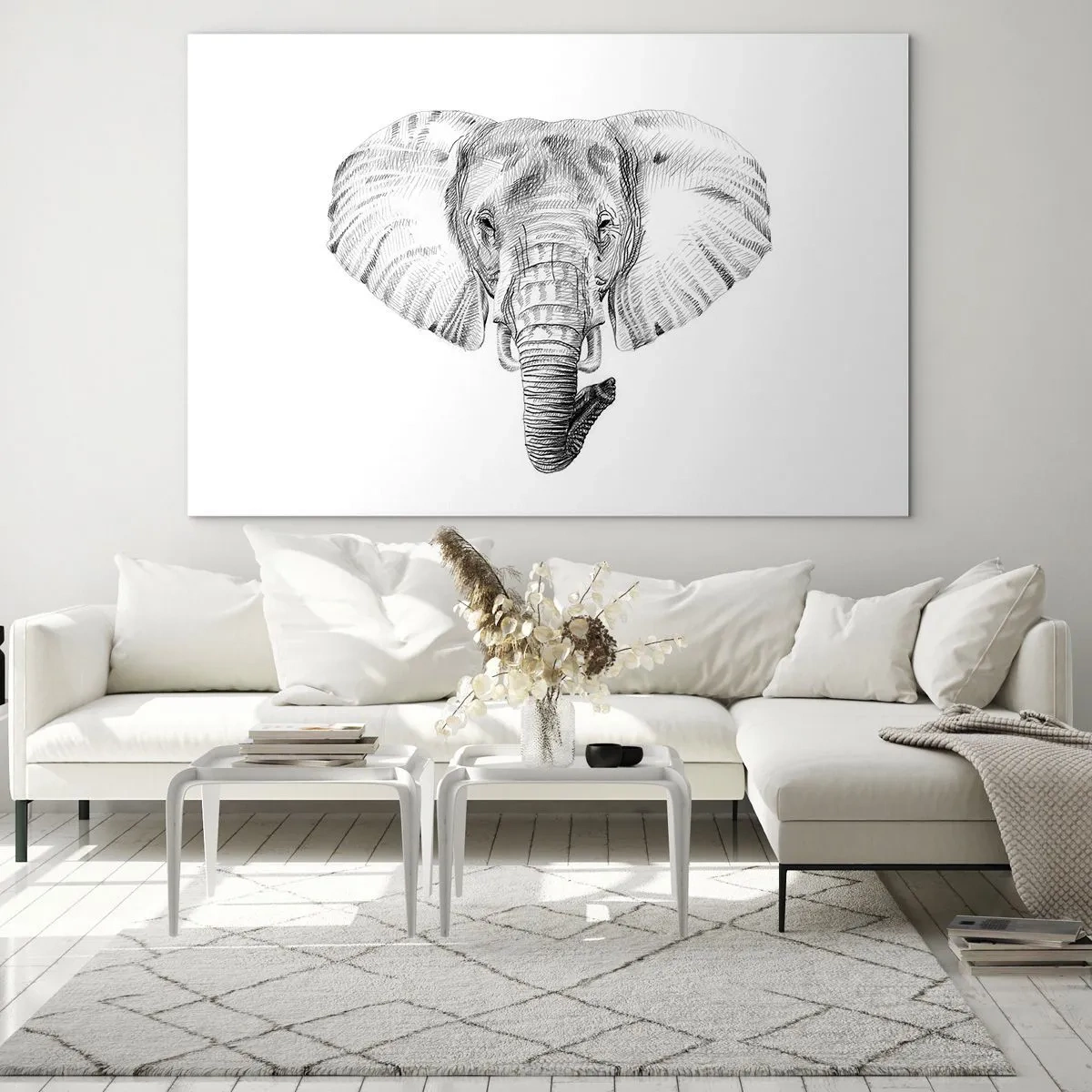 Impression sur verre - Image sur verre - Dessin en noir et blanc d'une tête d'éléphant sur fond blanc - 100x70cm - "Un éléphant ça trompe bien souvent" - Décoration murale moderne pour le salon et la chambre ARTTOR