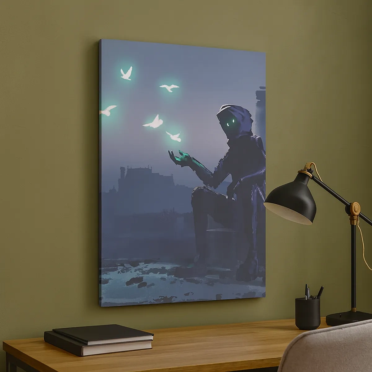 Impression sur toile - Image sur toile - Une silhouette encapuchonnée avec des oiseaux magiques en arrière-plan d'une ville - 50x70cm - La vie reviendra - Décoration murale moderne pour le salon et la chambre ARTTOR