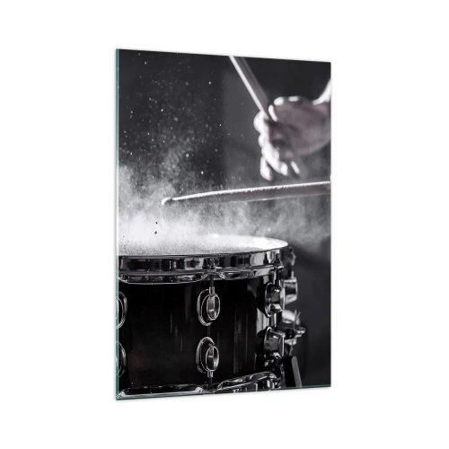 Impression sur verre - Image sur verre - Frapper la caisse claire avec des baguettes avec un effet de poussière - 70x100cm - Tempo de la musique - Décoration murale moderne pour le salon et la chambre ARTTOR