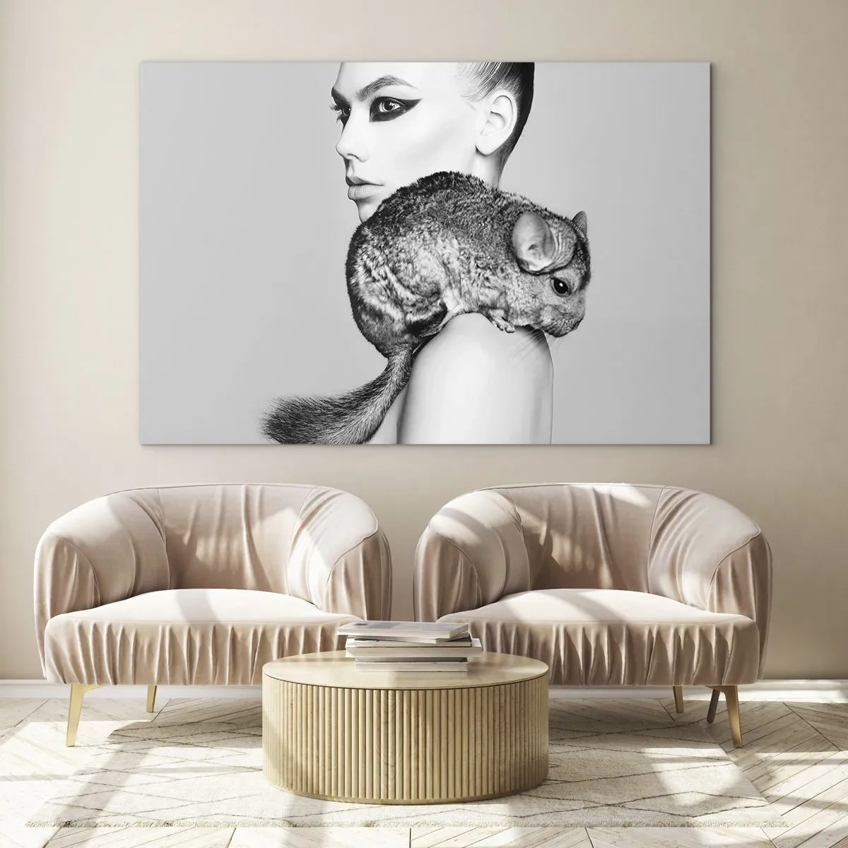 Impression sur verre - Image sur verre - Portrait d'une femme avec un chinchilla en noir et blanc - 70x50cm - Dame au chinchilla - Décoration murale moderne pour le salon et la chambre ARTTOR