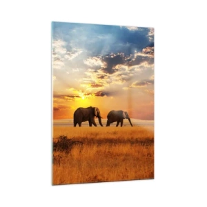 Impression sur verre - Image sur verre - Éléphants dans la savane africaine au coucher du soleil - 50x70cm - Déambulation familliale - Décoration murale moderne pour le salon et la chambre ARTTOR