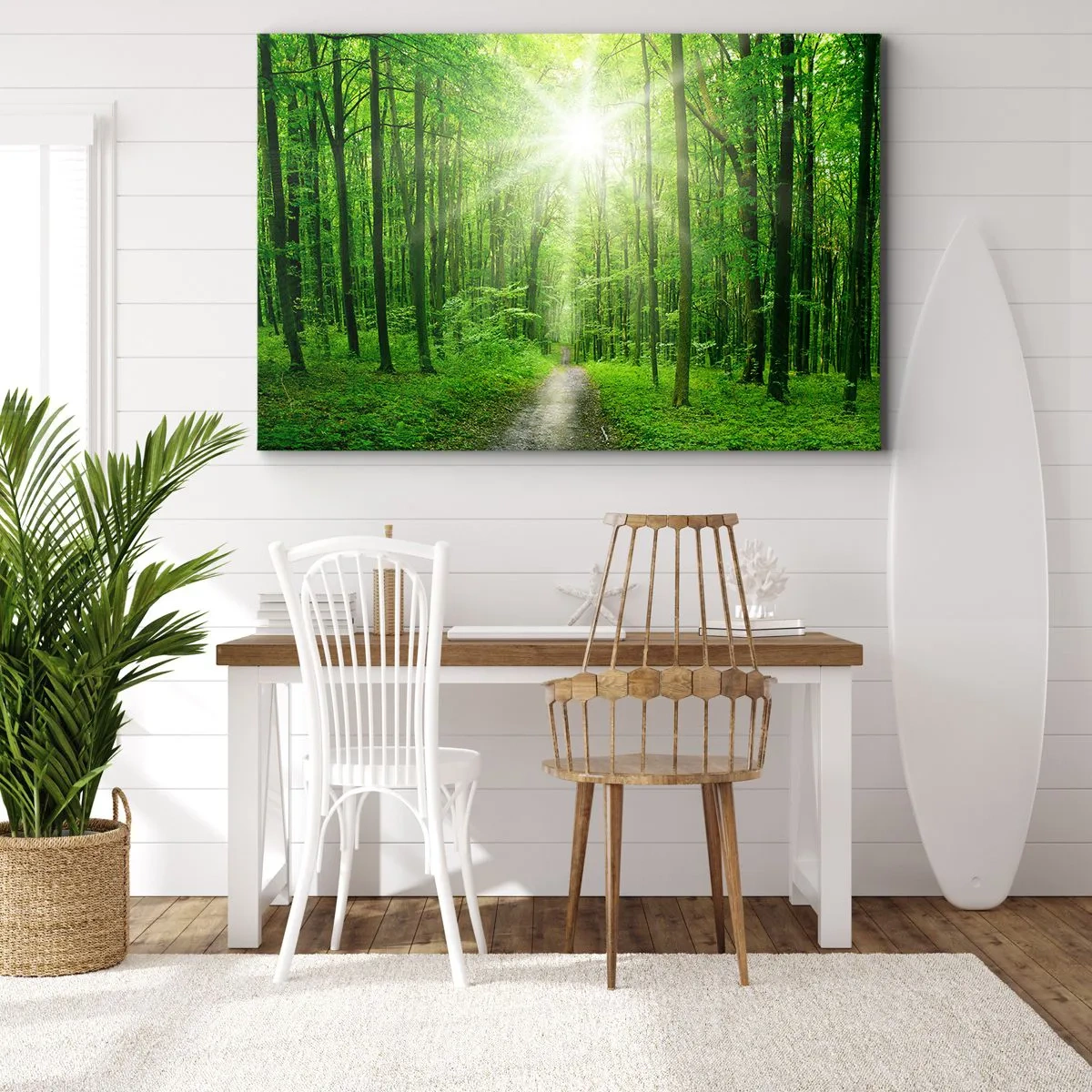 Impression sur toile - Image sur toile - Chemin dans la forêt avec les rayons du soleil - 100x70cm - Cathédrale verte - Décoration murale moderne pour le salon et la chambre ARTTOR