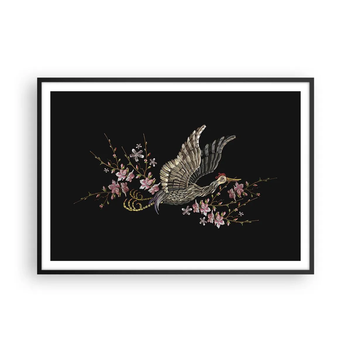 Affiche dans un cadre noir - Poster - Un oiseau en vol avec des fleurs sur fond noir - 100x70cm - Oiseau brodé exotique - Décoration murale moderne pour le salon et la chambre ARTTOR