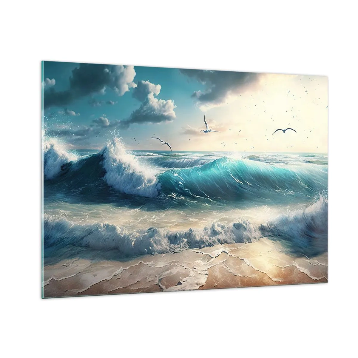 Impression sur verre - Image sur verre - Les vagues s'écrasent sur le rivage dans la lumière du matin - 100x70cm - Ça bourdonne seulement pour toi - Décoration murale moderne pour le salon et la chambre ARTTOR