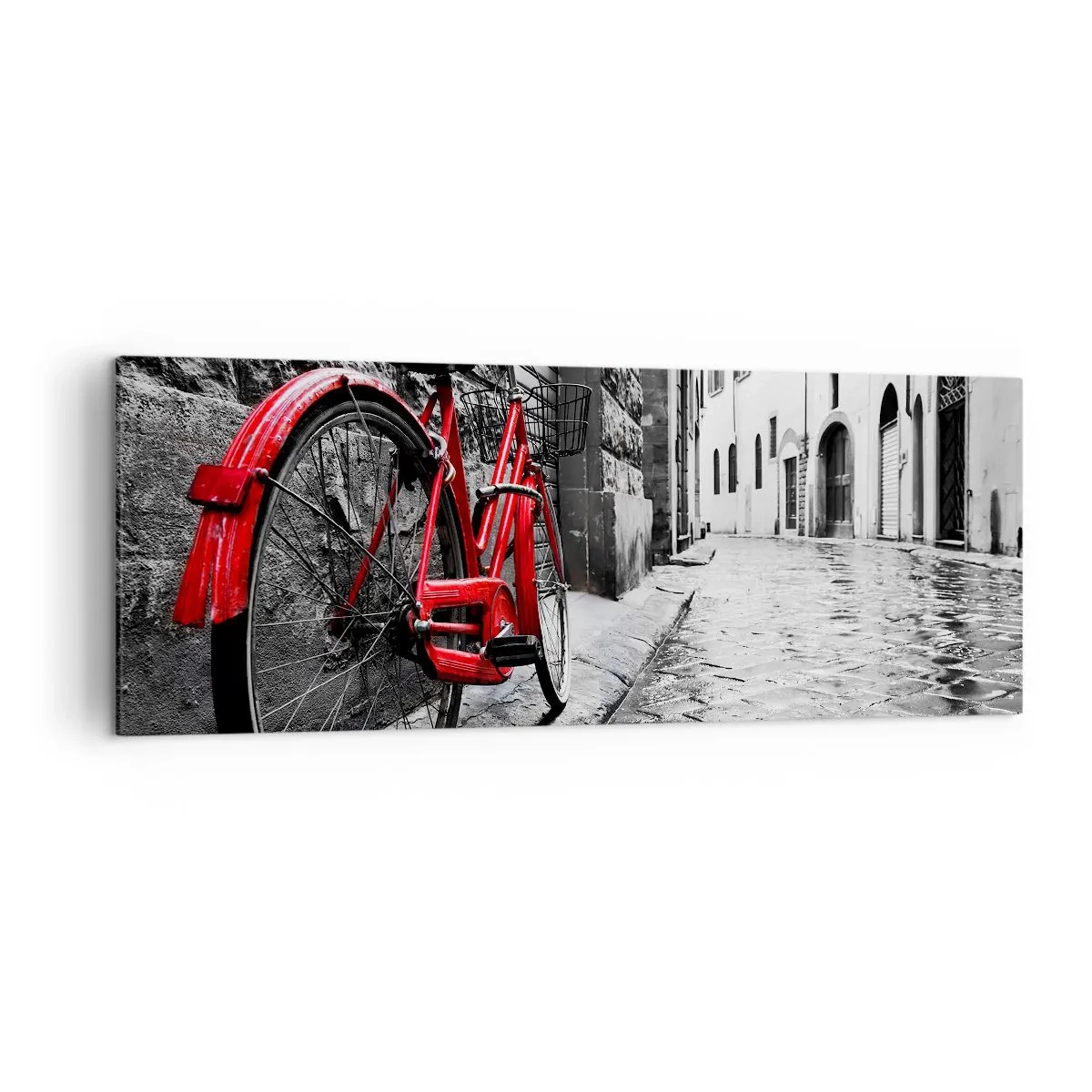 Impression sur toile - Image sur toile - Vélo rouge dans une rue en noir et blanc - 140x50cm - La vraie beauté ne vieillit pas - Décoration murale moderne pour le salon et la chambre ARTTOR