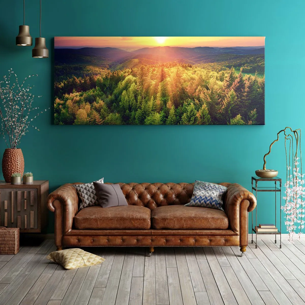 Impression sur toile - Image sur toile - Paysage forestier avec coucher de soleil sur les collines - 120x50cm - Monts et sommets - Décoration murale moderne pour le salon et la chambre ARTTOR