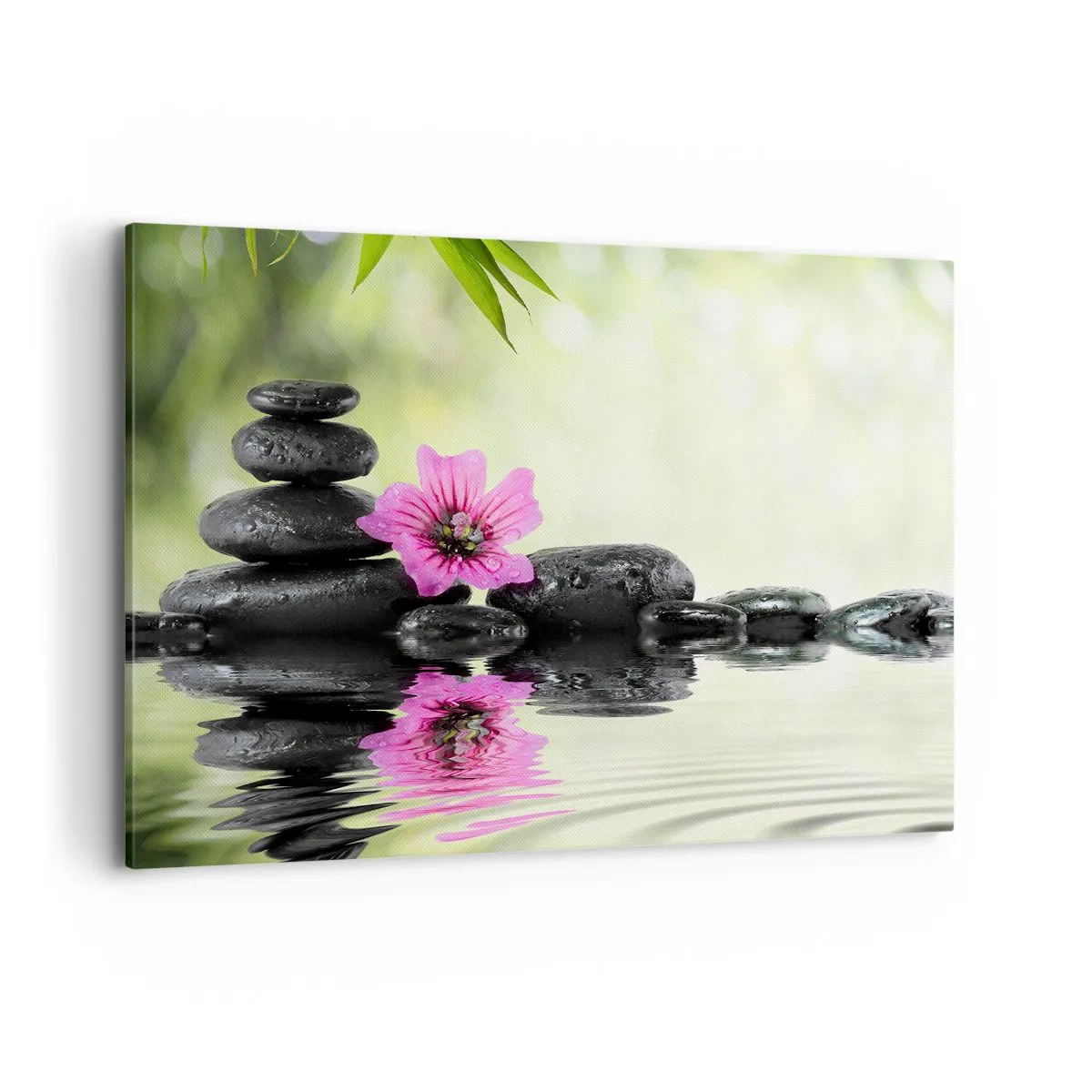 Impression sur toile - Image sur toile - Des pierres zen et une fleur rose se reflétant dans l'eau - 100x70cm - Temps pour l'âme - Décoration murale moderne pour le salon et la chambre ARTTOR