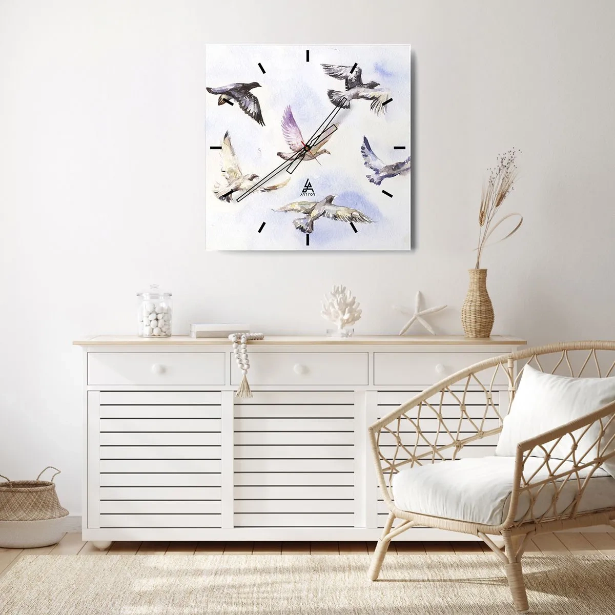Horloge murale - Pendule murale - Oiseaux à l'aquarelle en vol sur un ciel délicat - 30x30cm - Liberté en gris et bleu - Décoration murale moderne pour le salon et la chambre ARTTOR