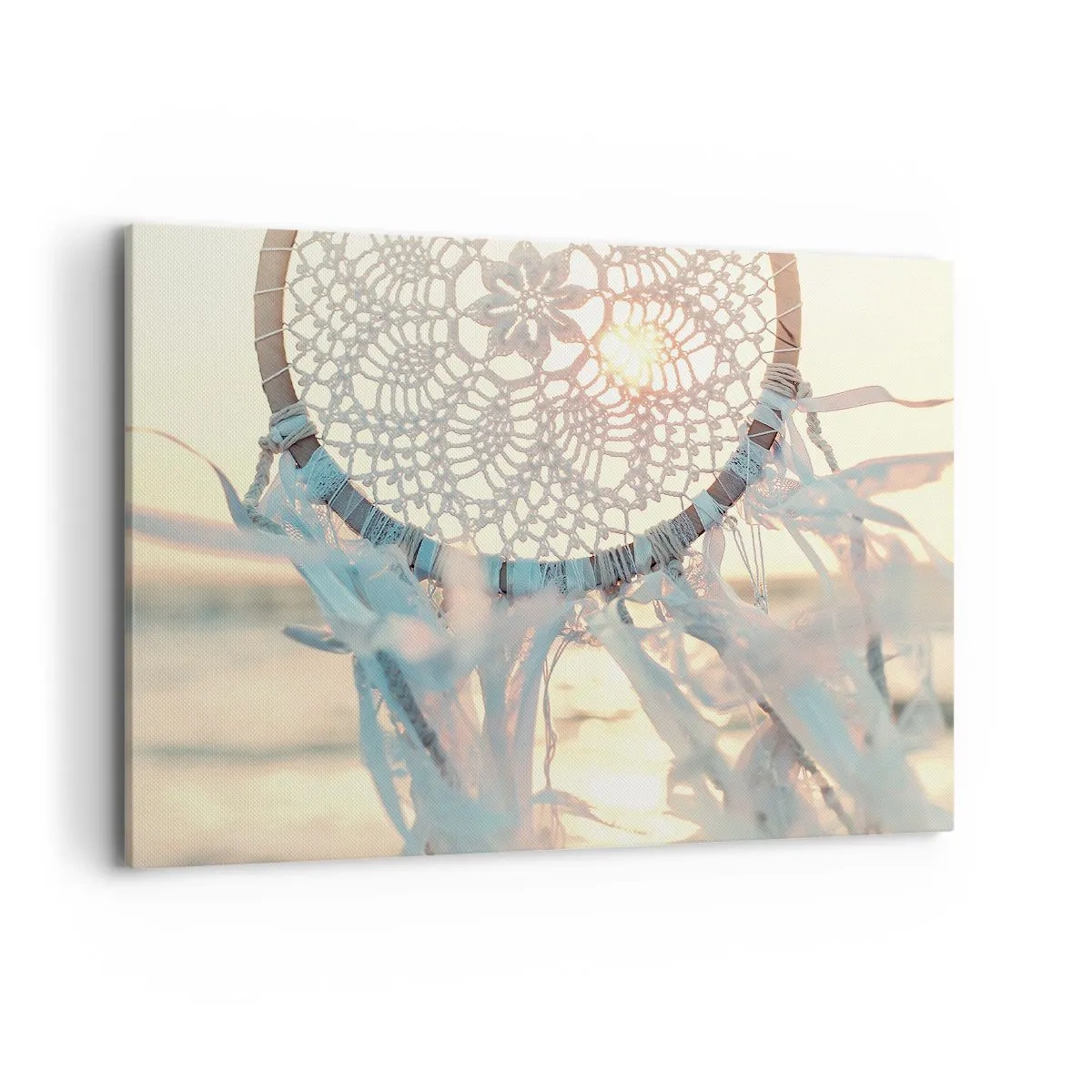 Impression sur toile - Image sur toile - Un attrape-rêves délicat sur fond de soleil couchant - 100x70cm - Totem en dentelle - Décoration murale moderne pour le salon et la chambre ARTTOR