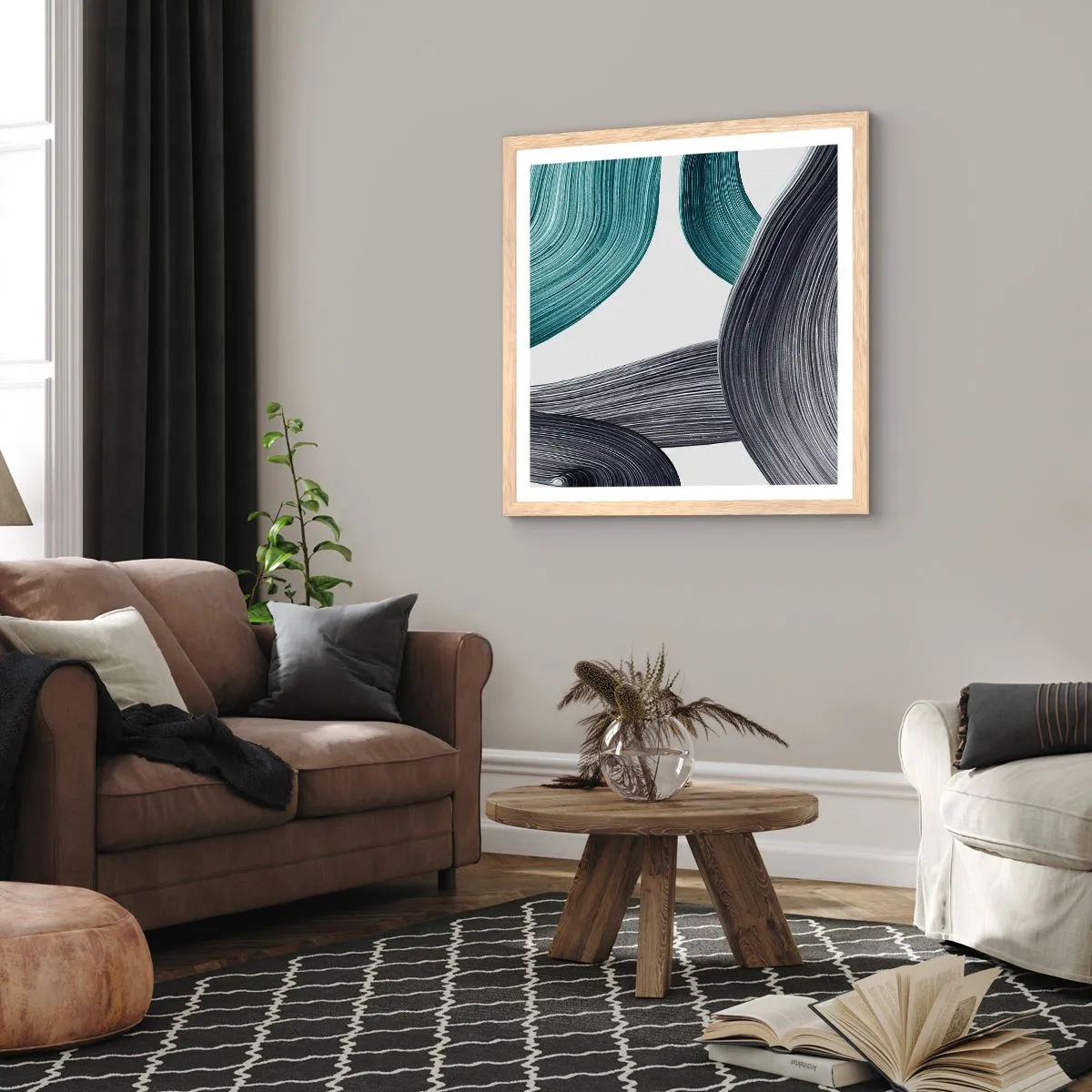 Affiche dans un chêne clair - Poster - Sentiers émeraude et noirs - 60x60 cm