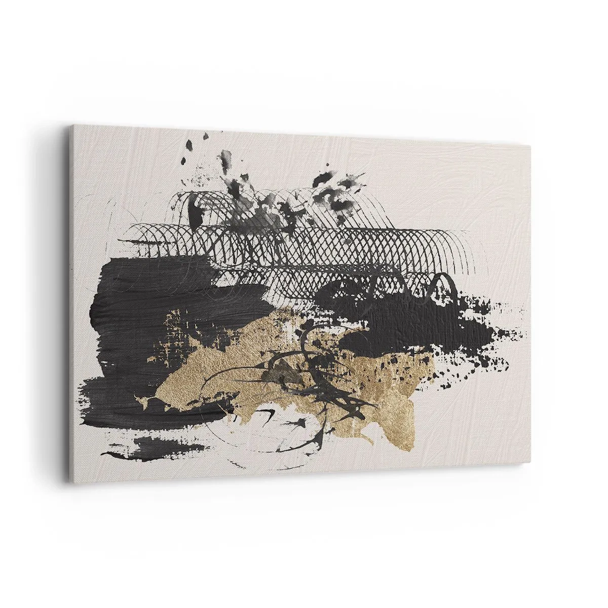 Impression sur toile - Image sur toile - Une peinture abstraite en noir et or avec des lignes et des structures dynamiques. - 100x70cm - Composer avec passion - Décoration murale moderne pour le salon et la chambre ARTTOR