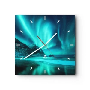 Horloge murale - Pendule murale - Aurore boréale sur un paysage hivernal montagneux - 30x30cm - Merveilles du Nord - Décoration murale moderne pour le salon et la chambre ARTTOR