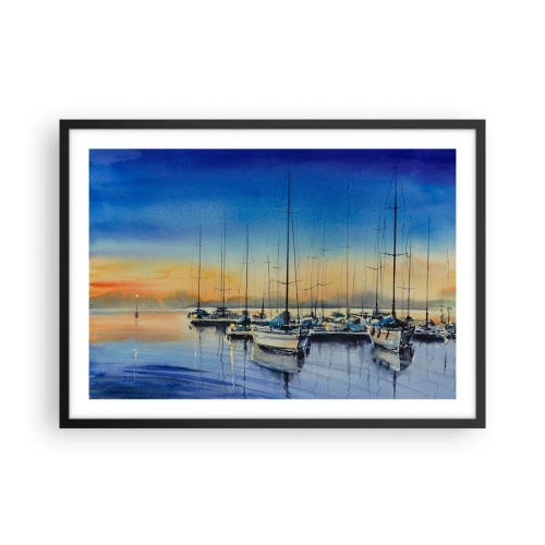 Affiche dans un cadre noir - Poster - Port de plaisance au coucher du soleil avec reflets sur l'eau - 70x50cm - Fin d'une belle journée - Décoration murale moderne pour le salon et la chambre ARTTOR