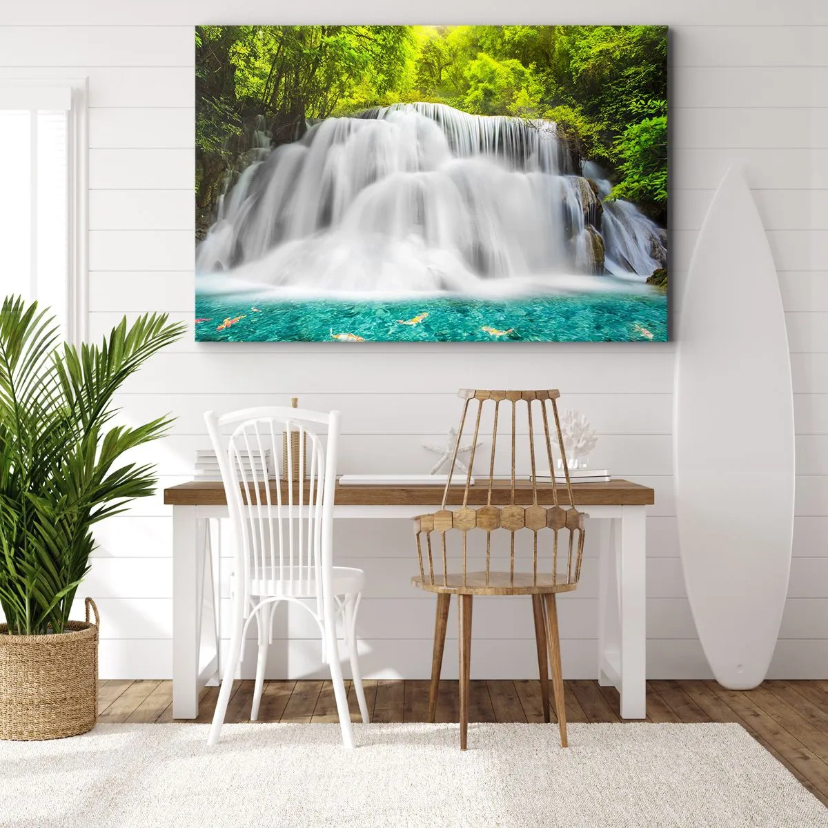 Impression sur toile - Image sur toile - Une cascade dans une forêt tropicale avec de l'eau turquoise - 70x50cm - Une cascade mousseuse du vert à l'azur - Décoration murale moderne pour le salon et la chambre ARTTOR