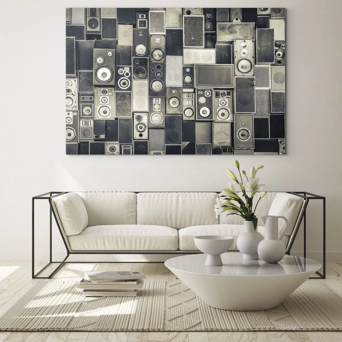 Impression sur verre - Image sur verre - Une composition d'enceintes rétro dans des tons de gris - 100x70cm - Tout va bien - Décoration murale moderne pour le salon et la chambre ARTTOR
