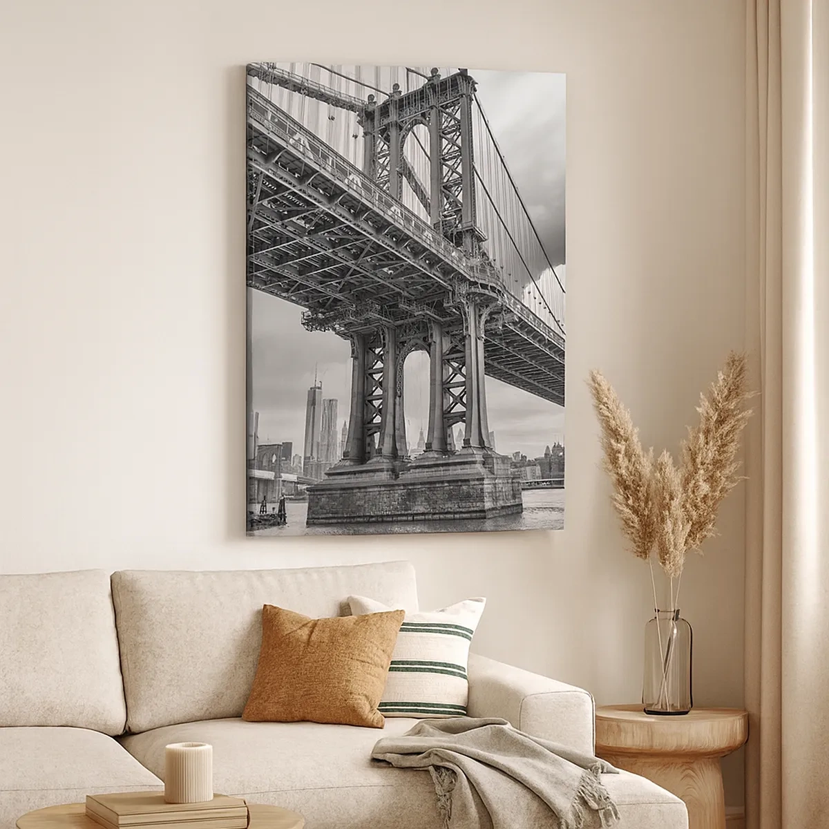 Impression sur toile - Image sur toile - Un pont en noir et blanc avec vue sur la ville - 50x70cm - Au coeur de la ville - Décoration murale moderne pour le salon et la chambre ARTTOR