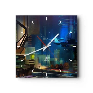 Horloge murale - Pendule murale - Ville futuriste la nuit avec des néons et un véhicule volant - 30x30cm - Dans le futur proche - Décoration murale moderne pour le salon et la chambre ARTTOR