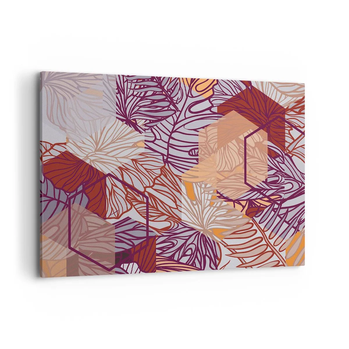 Impression sur toile - Image sur toile - Un motif décoratif de feuilles tropicales dans des tons de violet, d'orange et de beige. - 100x70cm - Relation impossible entre la géométrie et la nature - Décoration murale moderne pour le salon et la chambre ARTT