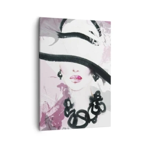 Impression sur toile - Image sur toile - Une femme élégante avec un chapeau sur un fond d'abstractions roses. - 50x70cm - Portrait d'une dame en noir et rose - Décoration murale moderne pour le salon et la chambre ARTTOR