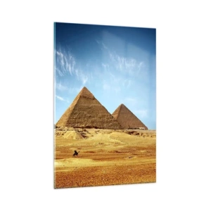 Impression sur verre - Image sur verre - Les pyramides de Gizeh contre un ciel bleu et un paysage désertique - 80x120cm - 40 siècles vous regardent - Décoration murale moderne pour le salon et la chambre ARTTOR