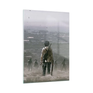 Impression sur verre - Image sur verre - Une silhouette avec un fusil dans le décor sombre d'un groupe qui s'approche - 50x70cm - Dernier samaritain ? - Décoration murale moderne pour le salon et la chambre ARTTOR