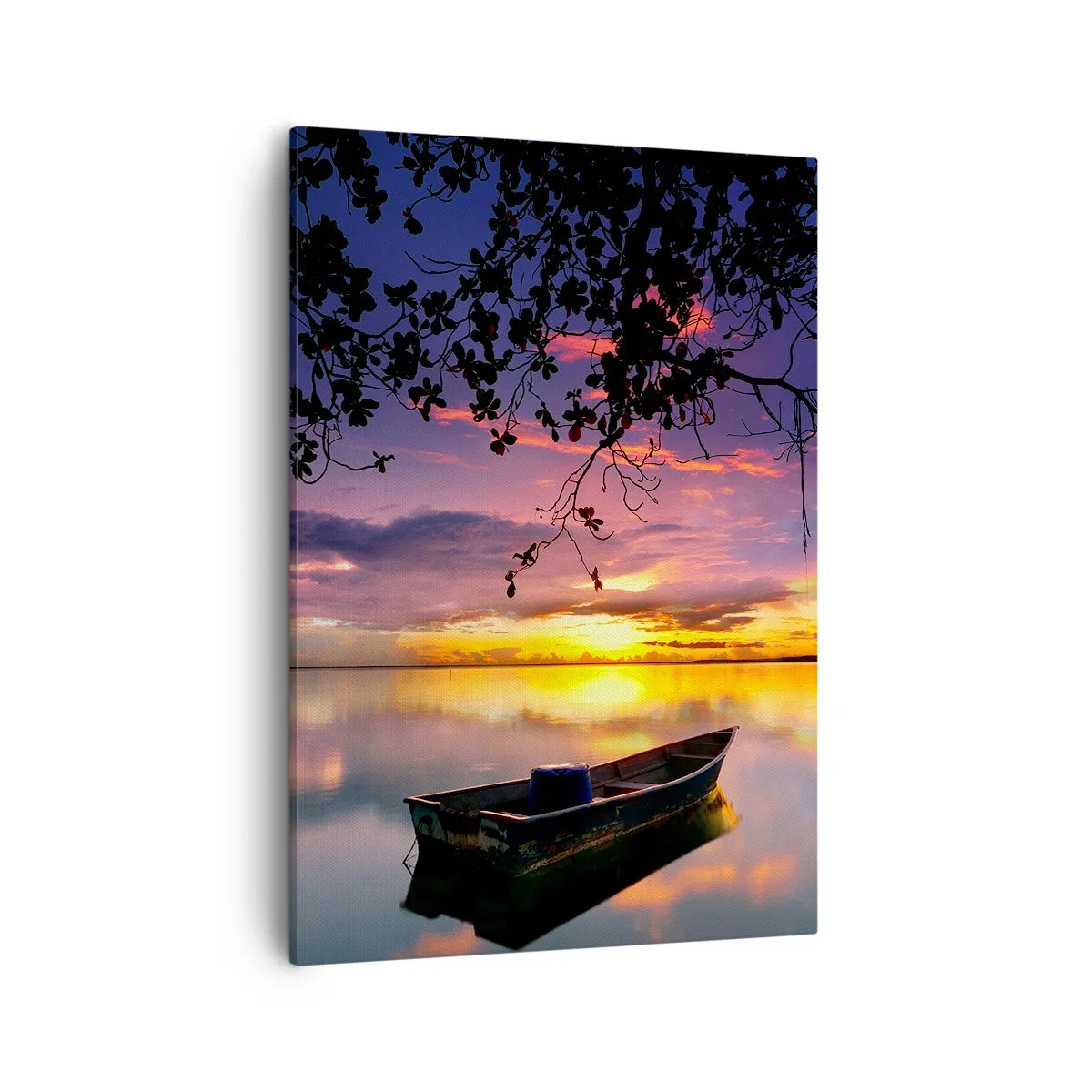 Impression sur toile - Image sur toile - Un bateau sur une eau calme au coucher du soleil - 50x70cm - "Tu sembles suspendu au milieu du ciel..." - Décoration murale moderne pour le salon et la chambre ARTTOR