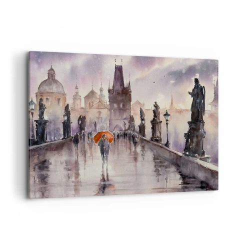 Impression sur toile - Image sur toile - Vue romantique d'un pont avec un parapluie sur fond de ville en soirée - 100x70cm - Les gens ne changent pas - Décoration murale moderne pour le salon et la chambre ARTTOR