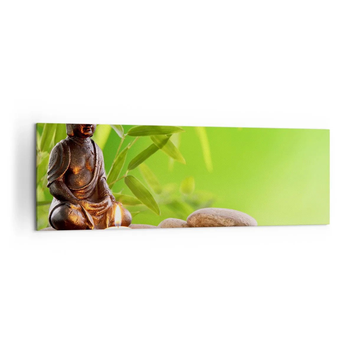 Impression sur toile - Image sur toile - Figure de Bouddha avec des pierres et une bougie sur un fond de bambou - 160x50cm - La vie est belle - Décoration murale moderne pour le salon et la chambre ARTTOR
