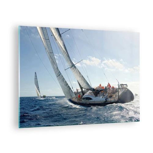 Impression sur verre - Image sur verre - Des yachts de course en pleine mer avec le vent dans les voiles - 70x50cm - Que le meilleur l'emporte - Décoration murale moderne pour le salon et la chambre ARTTOR