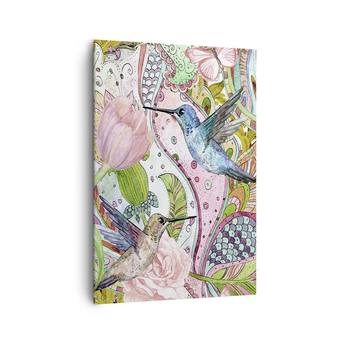 Impression sur toile - Image sur toile - Colibris et papillons colorés parmi les plantes - 70x100cm - Empêtré dans les vignes - Décoration murale moderne pour le salon et la chambre ARTTOR