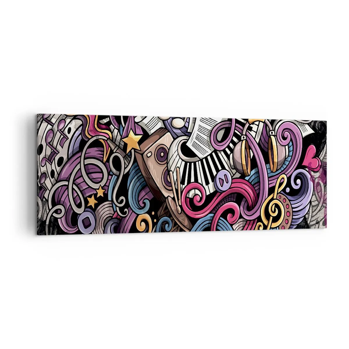 Impression sur toile - Image sur toile - Une abstraction musicale pleine d'instruments et de notes colorées. - 140x50cm - Mélodie compliquée - Décoration murale moderne pour le salon et la chambre ARTTOR