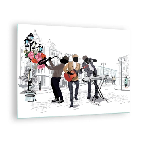 Impression sur verre - Image sur verre - Un groupe de jazz jouant dans la rue - 70x50cm - Musique de rue - Décoration murale moderne pour le salon et la chambre ARTTOR