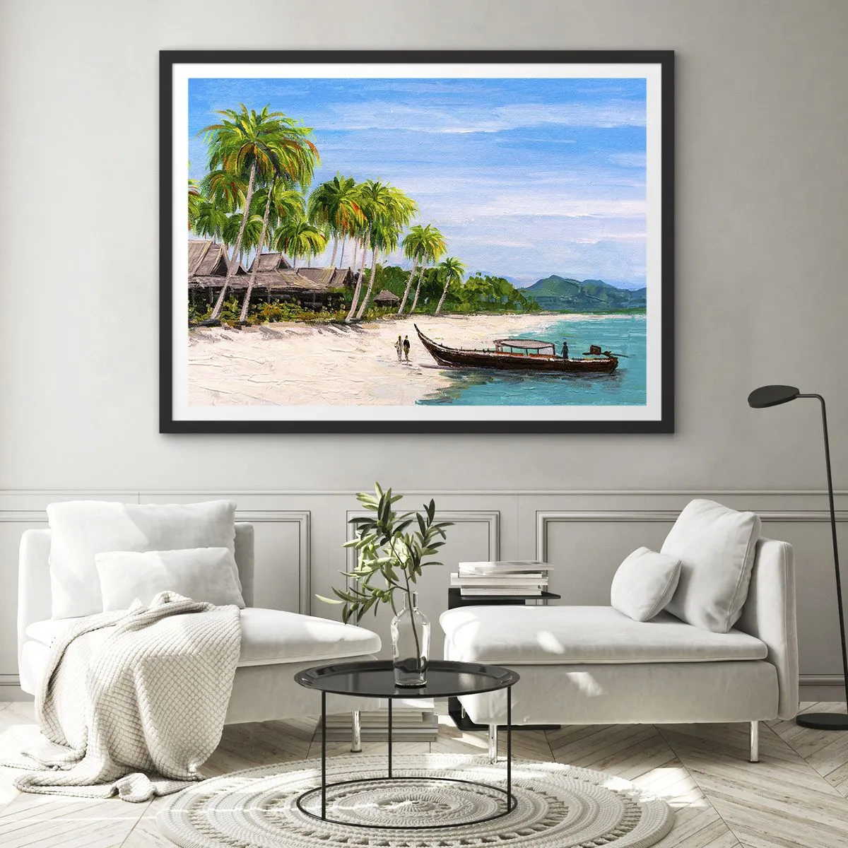 Affiche dans un cadre noir - Poster - Une plage exotique avec des palmiers et un bateau sur le rivage - 70x50cm - Rêve exotique - Décoration murale moderne pour le salon et la chambre ARTTOR