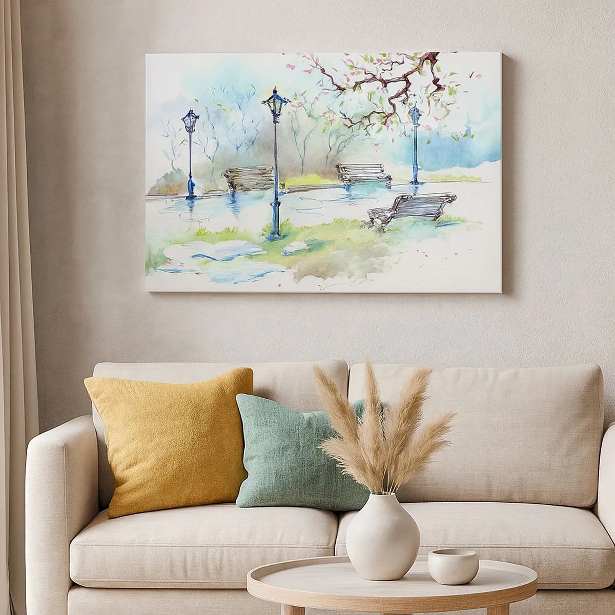 Impression sur toile - Image sur toile - Scène de parc à l'aquarelle avec bancs et lampes - 70x50cm - Le charme du silence d'un parc - Décoration murale moderne pour le salon et la chambre ARTTOR