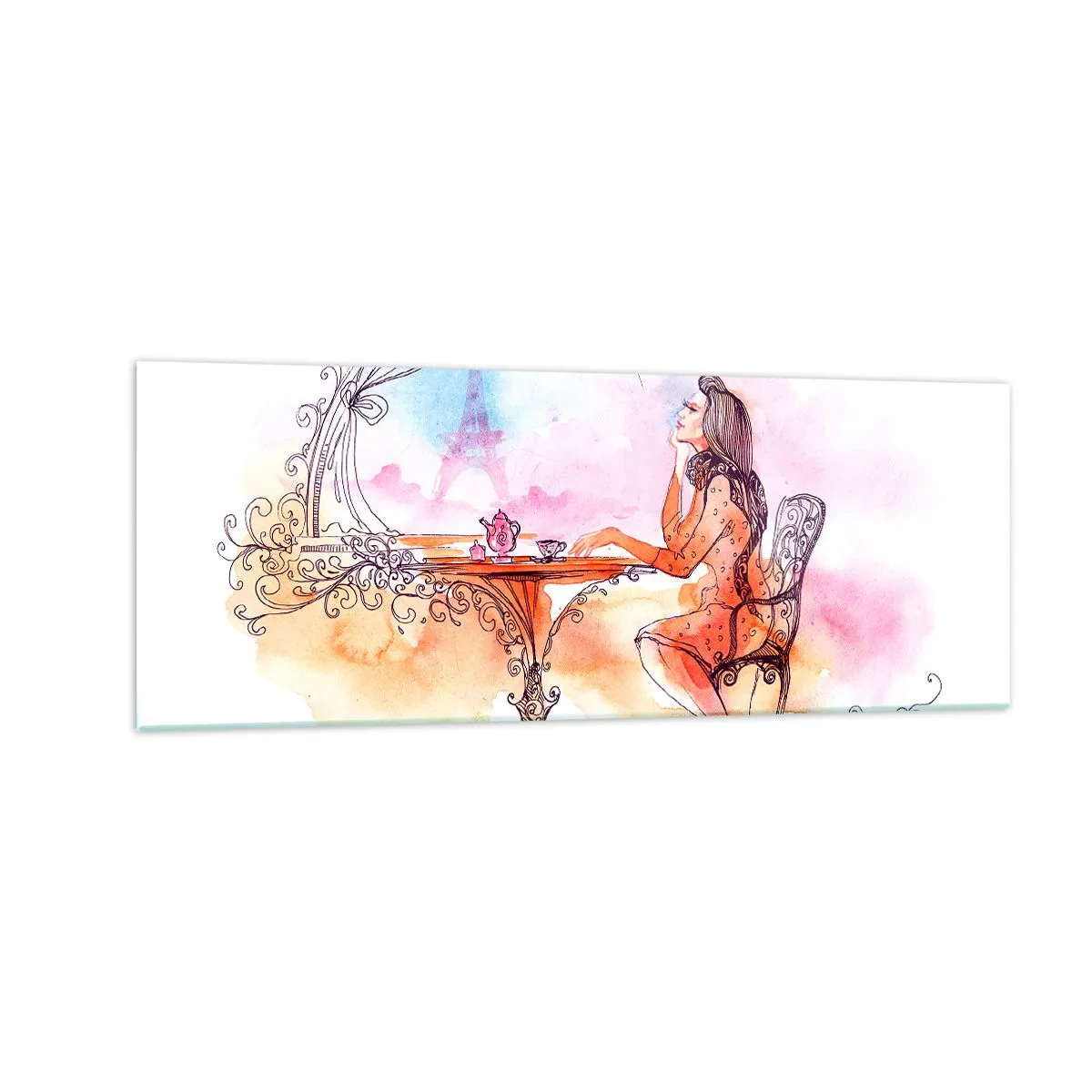 Impression sur verre - Image sur verre - Aquarelle romantique d'une femme dans un café surplombant une tour - 140x50cm - Le chic parisien - Décoration murale moderne pour le salon et la chambre ARTTOR