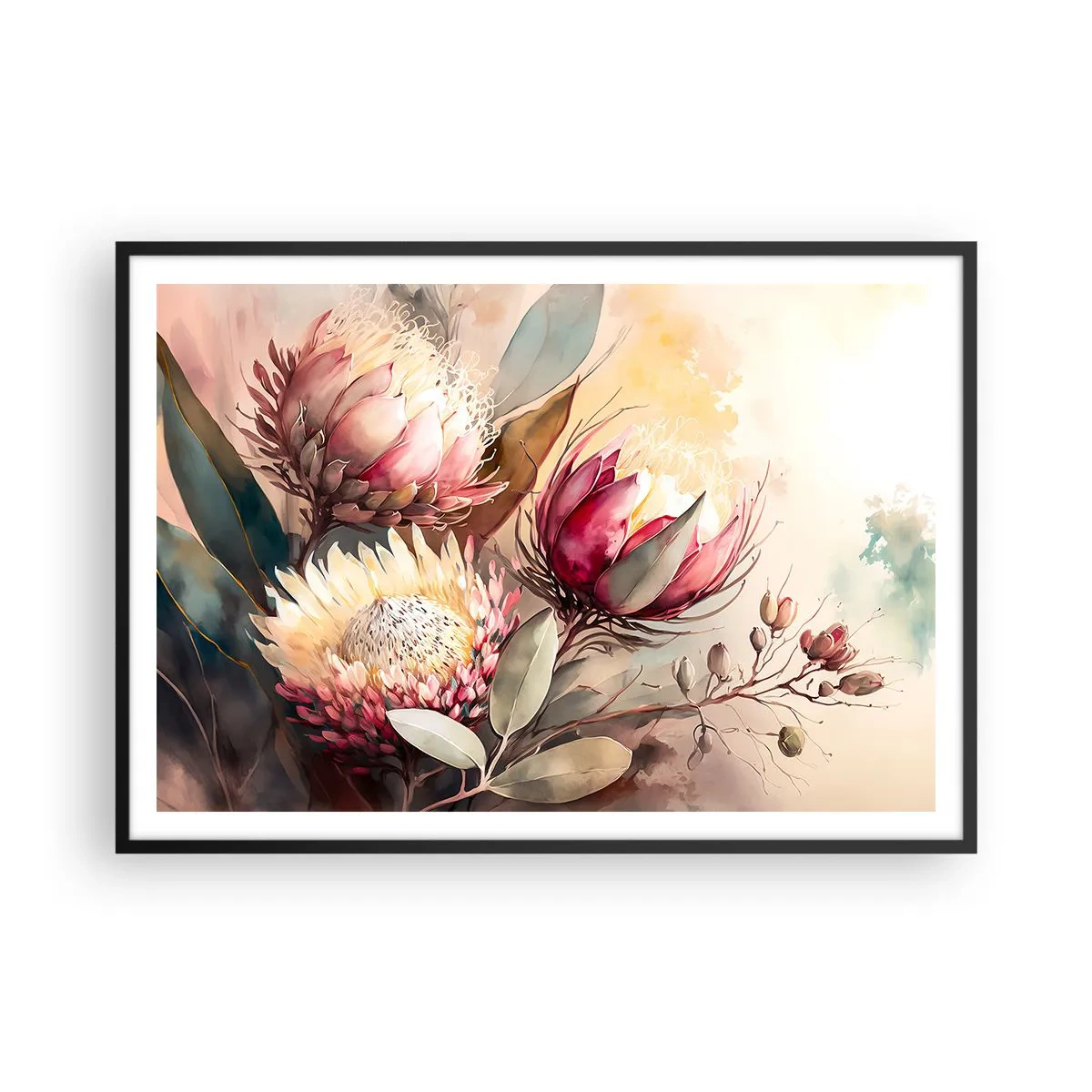Affiche dans un cadre noir - Poster - Fleurs de Protea aux tons pastel délicats - 100x70cm - De profil et de face - Décoration murale moderne pour le salon et la chambre ARTTOR