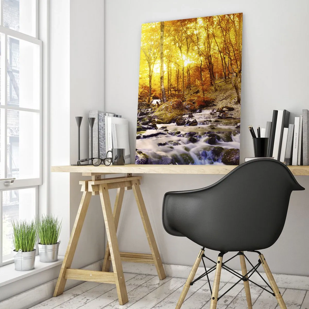 Impression sur verre - Image sur verre - Forêt d'automne avec un ruisseau parmi les feuilles dorées - 80x120cm - Pierres serties d'or et de platine - Décoration murale moderne pour le salon et la chambre ARTTOR