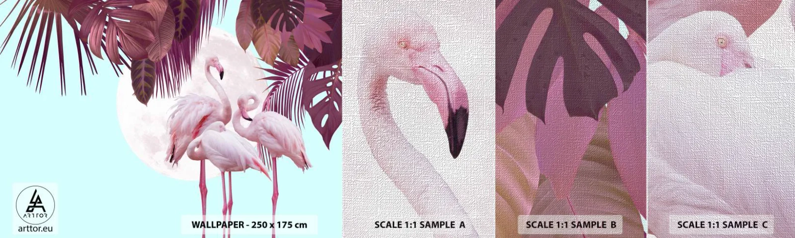 Échantillon de Papier Peint Premium Canvas - Trois oiseaux gracieux - Flamants roses, Des oiseaux, Nature - 100x30 cm