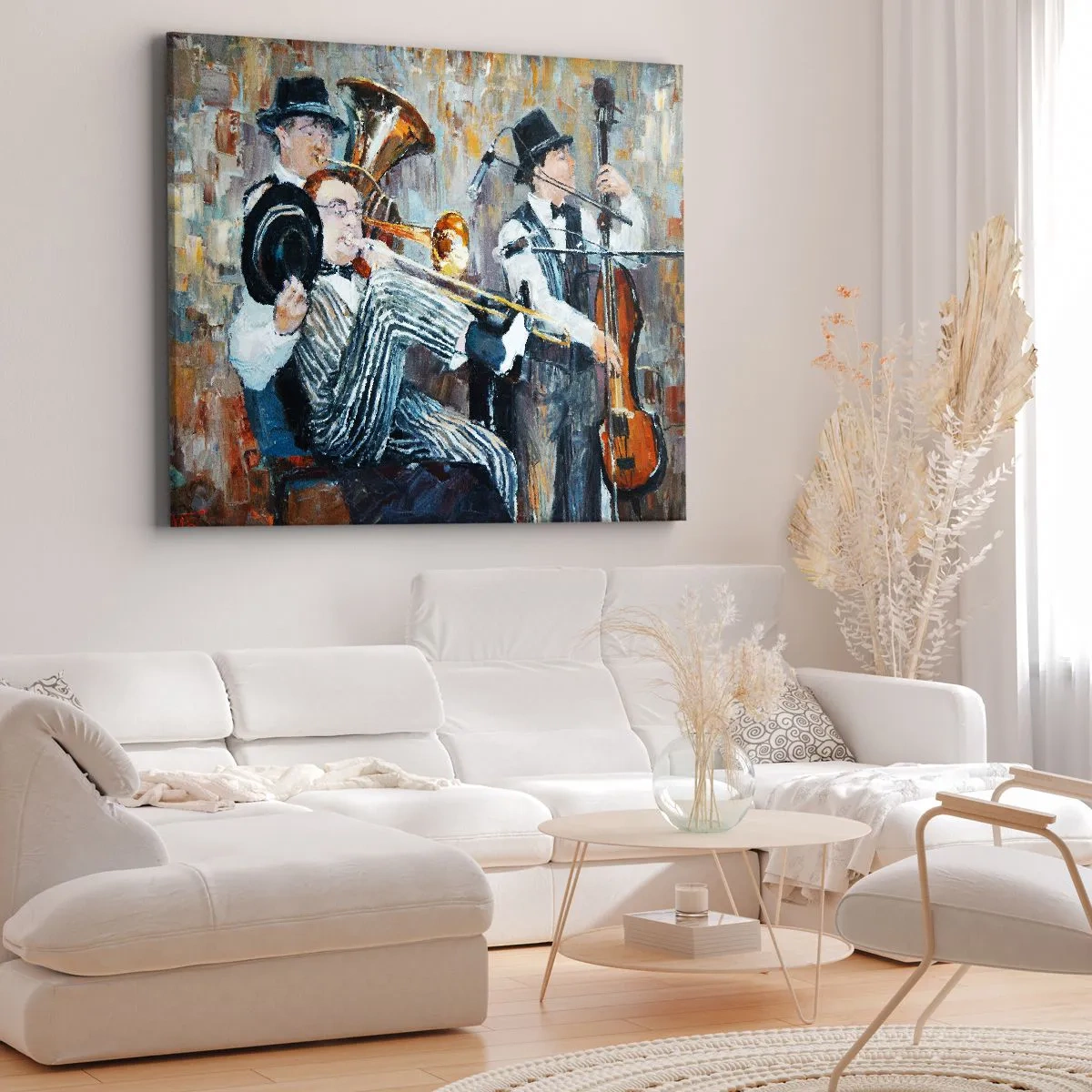Impression sur toile - Image sur toile - Des musiciens de jazz dans un style pictural lors d'un concert - 70x50cm - C'est tout le Jazz - Décoration murale moderne pour le salon et la chambre ARTTOR