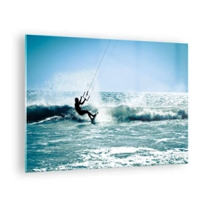 Impression sur verre - Image sur verre - Kitesurfeur sur les vagues de l'océan par une journée ensoleillée - 70x50cm - On se laisse emporter - Décoration murale moderne pour le salon et la chambre ARTTOR