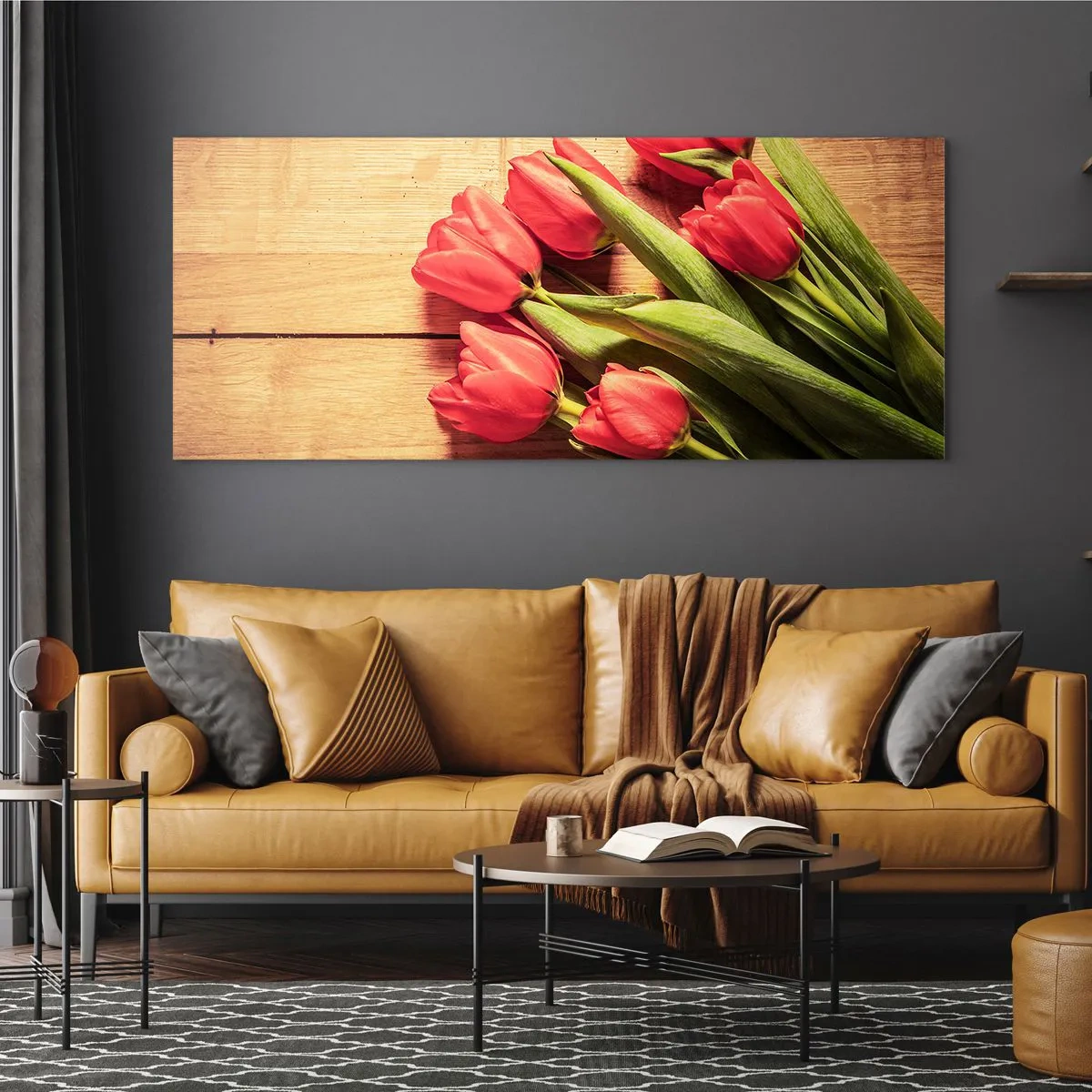 Impression sur verre - Image sur verre - Un bouquet de tulipes roses sur un fond en bois - 140x50cm - Défi du printemps - Décoration murale moderne pour le salon et la chambre ARTTOR