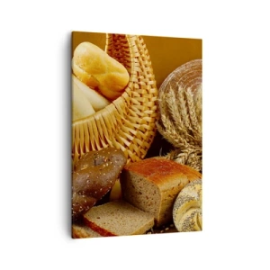 Impression sur toile - Image sur toile - Différents pains dans un panier en osier sur fond doré - 50x70cm - On s'en est encore sorti - Décoration murale moderne pour le salon et la chambre ARTTOR