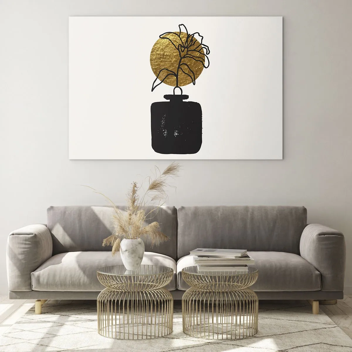 Impression sur verre - Image sur verre - Graphique minimaliste avec une fleur dans un cercle doré et un vase noir - 70x50cm - La beauté vaut son pesant d'or - Décoration murale moderne pour le salon et la chambre ARTTOR