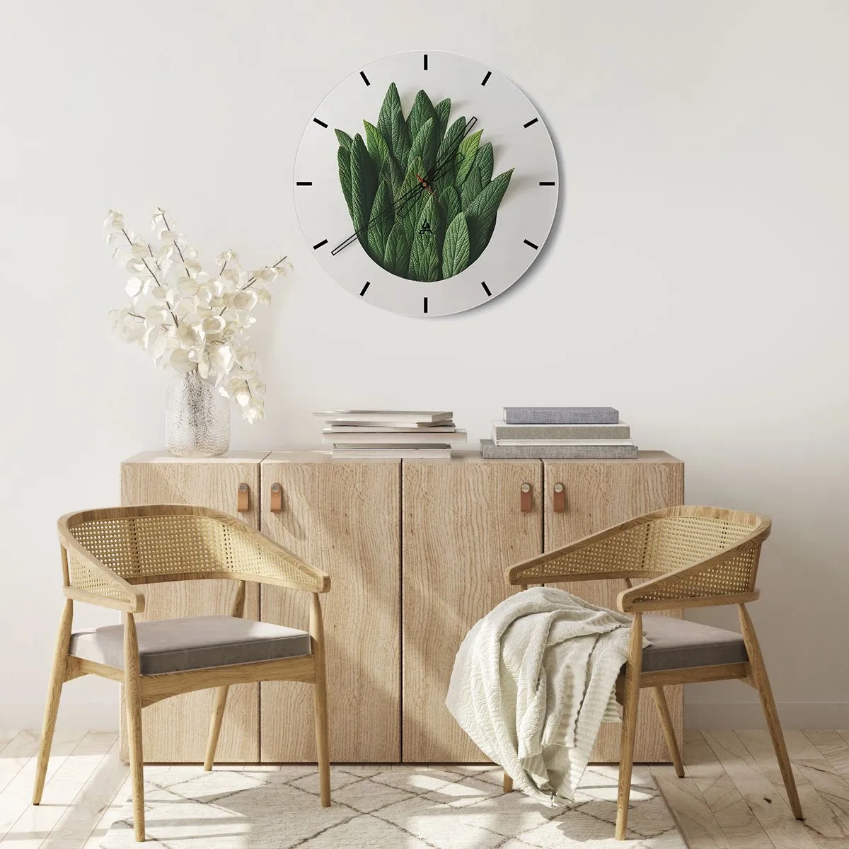 Horloge murale - Pendule murale - Feuilles vertes avec une texture distincte sur un fond clair - 30x30cm - Curiosité sans retenue - Décoration murale moderne pour le salon, la cuisine et la chambre ARTTOR