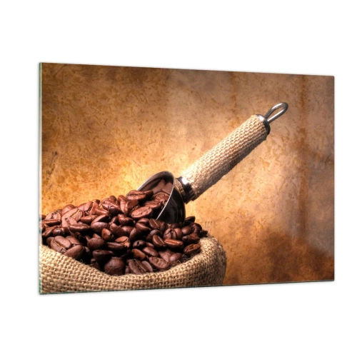 Impression sur verre - Image sur verre - Grains de café dans un sac en jute avec une cuillère en métal - 120x80cm - A la source de la saveur - Décoration murale moderne pour le salon et la chambre ARTTOR