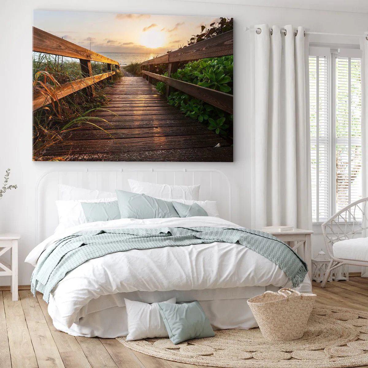 Impression sur toile - Image sur toile - Jetée en bois menant à la plage au coucher du soleil - 70x50cm - Tout droit vers le rivage - Décoration murale moderne pour le salon et la chambre ARTTOR