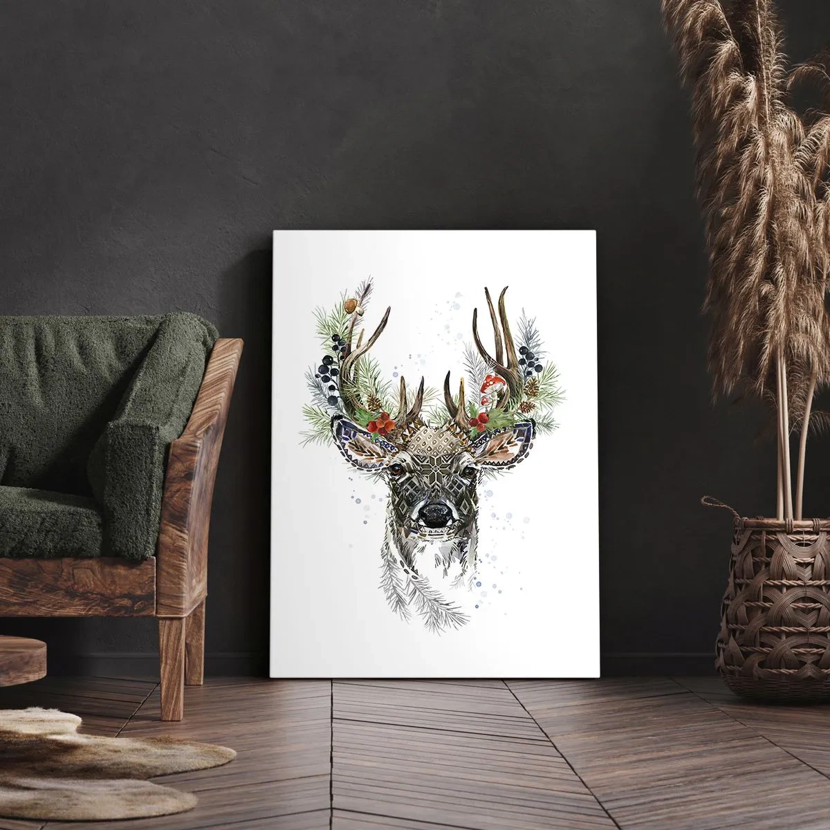 Impression sur toile - Image sur toile - Cerf stylisé avec des bois décoratifs sur fond blanc - 70x100cm - En robe de fête - Décoration murale moderne pour le salon et la chambre ARTTOR
